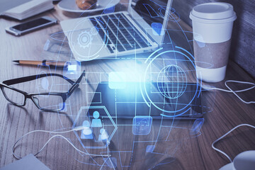 Double exposure of social network theme drawing and cell phone background. Concept of people connection over the world