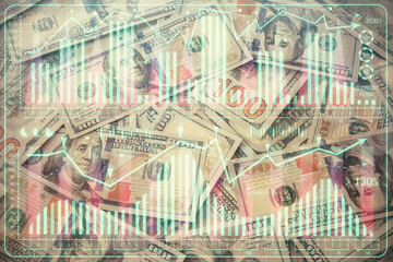 Multi exposure of forex chart drawing over us dollars bill background. Concept of financial success markets.