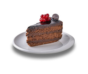 Piece of chocolate Mozart cake on porcelain plate isolated on white background