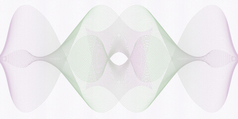 Purple, green symmetric watermark. Guilloche design. Line art pattern. Colored curves. Squiggle subtle lines. Vector abstract background for passport, banknote, cheque, certificate, voucher. EPS10