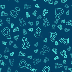 Green line Heart with male gender symbol icon isolated seamless pattern on blue background. Vector.