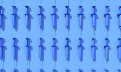 Rows of vaccination syringes lined up on a blue background. 3D Rendering