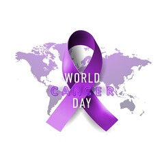 Illustration Of The World Cancer Day Poster On February 4. Or a background with neon text and a lavender ribbon on the background of a world map.