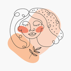 Obraz premium Contemporary portrait of a woman in one continuous line. Abstract composition female face and stylized plant elements. Art line drawing style. Vector illustration in minimalistic concept for poster.