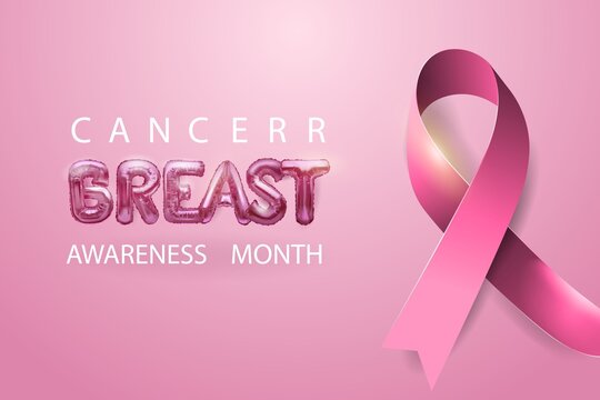 The Background Of A Pink Breast Cancer Awareness Ribbon With Letters In The Form Of Metal Foil Balls. Vector Illustration