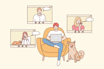Online meeting, distant work, teleconference concept. Group for young smiling people cartoon characters having video call in home office vector illustration. Online friends meeting, Remote work