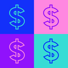 Pop art line Dollar symbol icon isolated on color background. Cash and money, wealth, payment symbol. Casino gambling. Vector.