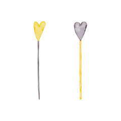 Grey and yellow small hearts on sticks. DIY handicraft. Symbol of Valentine's Day, love and friendship. Valentine or wedding сard decor. Watercolor isolated elements on white background.