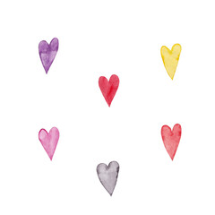 Colored mini hearts. Violet, grey, yellow, pink, red, purple. Symbol of Valentine's Day love and friendship. Valentine or wedding сard confetti decor. Watercolor isolated elements on white background.