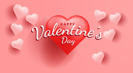 Valentine's Day background with 3d hearts on pink. Vector illustration. Cute love banner or greeting card.