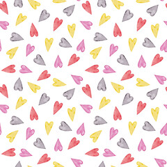 Seamless pattern of yellow, grey, violet and pink confetti hearts. Symbol of Valentine's Day. Digital, wrapping paper and wedding invitation texture. Watercolor isolated elements on white background.