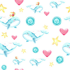 Seamless pattern on the white background. There are flying whales, bunnies, buttons, hearts and stars