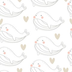 Seamless pattern with cartoon whale. Colorful vector flat style. hand drawing. valentines day. Romantic design for print, wrapper, fabric.
