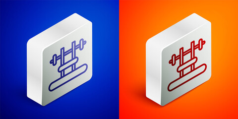 Isometric line Bench with barbel icon isolated on blue and orange background. Gym equipment. Bodybuilding, powerlifting, fitness concept. Silver square button. Vector.