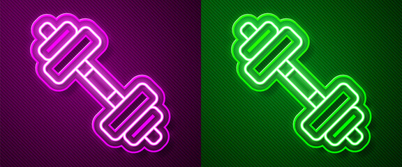 Glowing neon line Dumbbell icon isolated on purple and green background. Muscle lifting icon, fitness barbell, gym, sports equipment, exercise bumbbell. Vector.
