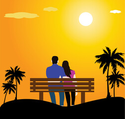 Sunset Couple Sitting on Bench