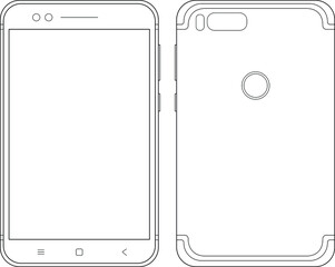 Mobile phone: back and front view. Vector flat illustration of shapes and lines. Simple modern smartphone template in black and white color. Design for posters, textiles, template, icon.
