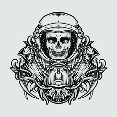 tattoo and t-shirt design black and white hand drawn astronaut skull engraving ornament