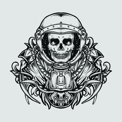 tattoo and t-shirt design black and white hand drawn astronaut skull engraving ornament