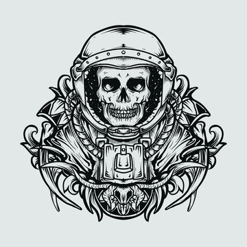 tattoo and t-shirt design black and white hand drawn astronaut skull engraving ornament