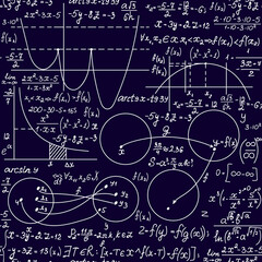 Education vector seamless pattern with math and physics handwritten formulas, equations and calculations, handwritings on a chalkboard effect