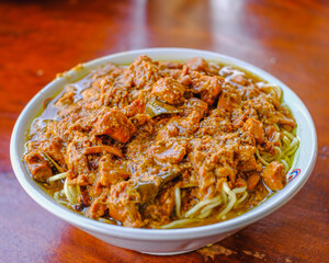 A bowl of chicken noodles