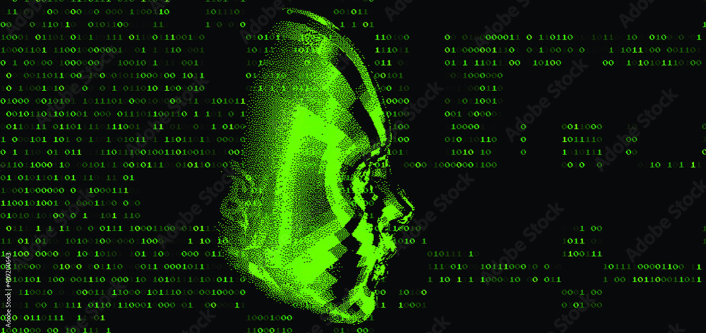 Poster Low poly 3D head and binary code on dark background, human face structure made of pixels. Biometrics, Facial Recognition and Cyber Security concept.