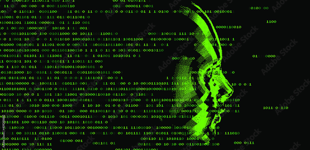 Poster Low poly 3D head and binary code on dark background, human face structure made of pixels. Biometrics, Facial Recognition and Cyber Security concept.