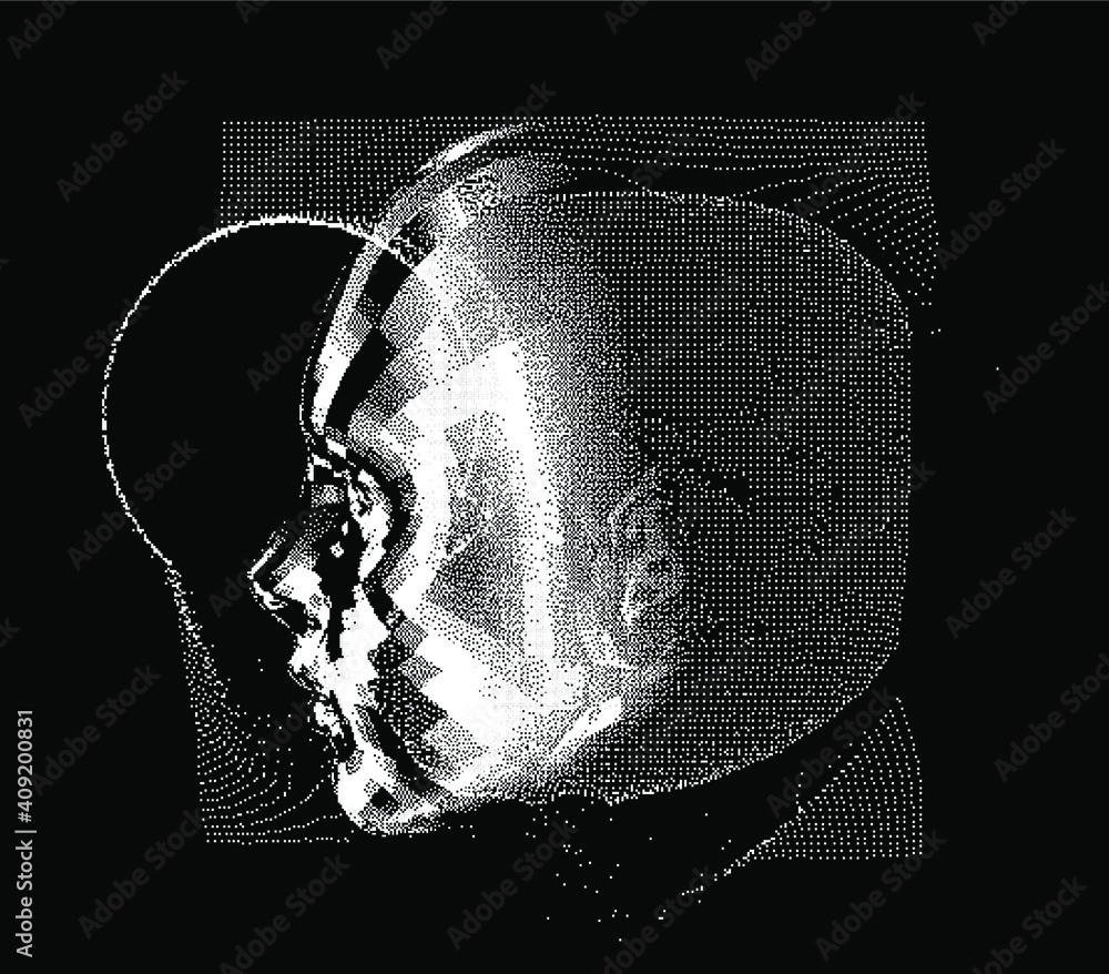 Poster human head made of the array of particles, pixelated and glitched portret of supreme artificial inte