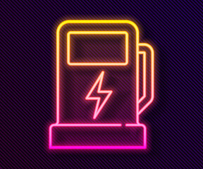 Glowing neon line Electric car charging station icon isolated on black background. Eco electric fuel pump sign. Vector.