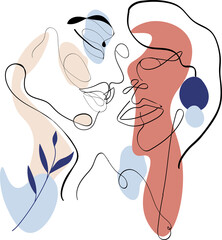 Web Linear drawing of female face vector fashion image. Same sex love.
Colored form. Drawing on textiles, packaging. Typography.