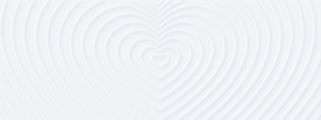 3d white rippled  hearts with soft shadow on light BG from center. Abstract elegant seamless pattern. Neumorphism ui style. Minimal embossed paper wallpaper. Horizontal background for romantic banner