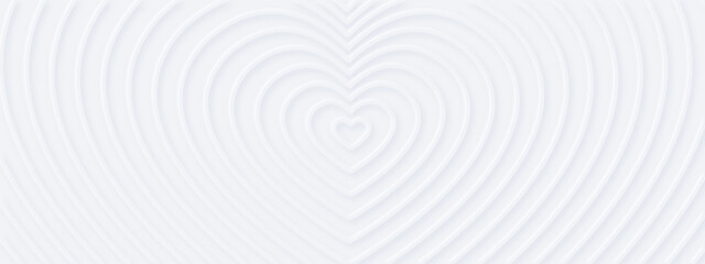3d white rippled  hearts with soft shadow on light BG from center. Abstract elegant seamless pattern. Neumorphism ui style. Minimal embossed paper wallpaper. Horizontal background for romantic banner
