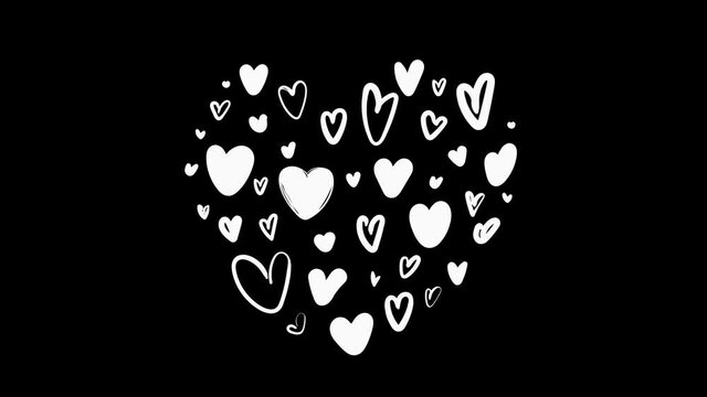 heart, many hearts . Animated pattern. Background of hearts, canvas, clipart of hearts.cartoon, animated cartoon, white on black. for valentine's day, romance , 4k