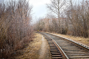 Fototapeta premium Railway among bare and bald trees on an autumn or spring day