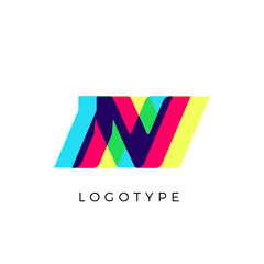 Glitch effect letter N, colored spectrum overlay effect. Vector slant symbol for cyber sport, racing, automotive and fashion branding. Vector typography design for logo and monogram