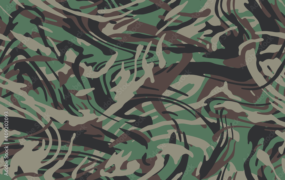 Poster Abstract jungle camouflage seamless pattern. Camo background, curved wavy stripped.  Military print for design, wallpaper, textile. Vector illustration 