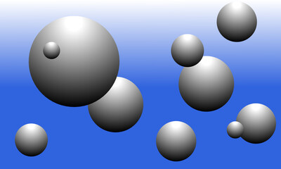 Diverse schwarz weiße 3d Kugeln in unterschiedlichen Größen vor blauem Hintergrund mit Farbverlauf