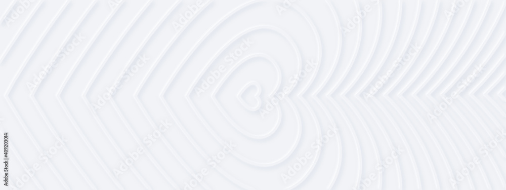 Wall mural 3d white rippled hearts with soft shadow on light bg from center. abstract elegant seamless pattern.