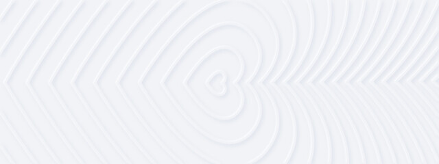 3d white rippled  hearts with soft shadow on light BG from center. Abstract elegant seamless pattern. Neumorphism ui style. Minimal embossed paper wallpaper. Vertical background for romantic banner