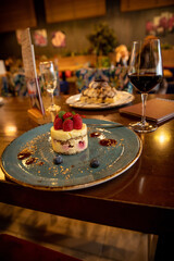 Delicious raspberry cake served in the restaurant