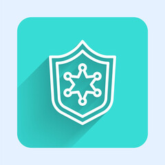 White line Police badge icon isolated with long shadow. Sheriff badge sign. Green square button. Vector.