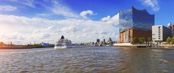 Cruise ship in the port of Hamburg, Germany - large panorama
