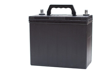Black rechargeable car battery on white background.
