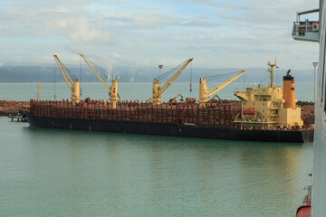 Fototapeta premium A bulk carrier ship in port, taking on a cargo of pine logs