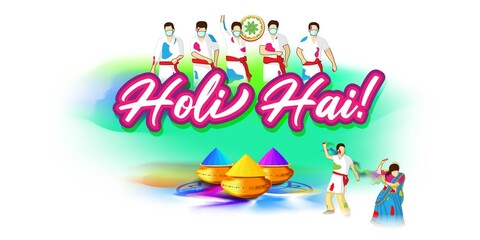 Vector illustration of Happy Holi greeting, written Hindi text means it's Holi, Festival of Colors, festival elements with colorful Hindu festive background