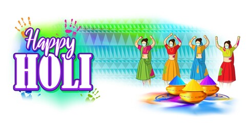 Vector illustration of Happy Holi greeting, written Hindi text means it's Holi, Festival of Colors, festival elements with colorful Hindu festive background