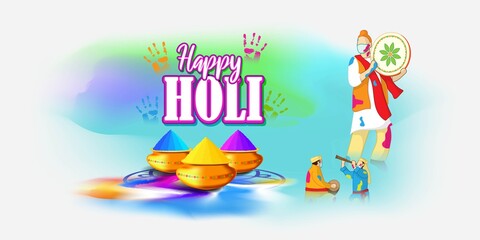 Vector illustration of Happy Holi greeting, written Hindi text means it's Holi, Festival of Colors, festival elements with colorful Hindu festive background