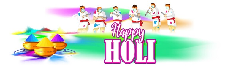 Vector illustration of Happy Holi greeting, written Hindi text means it's Holi, Festival of Colors, festival elements with colorful Hindu festive background