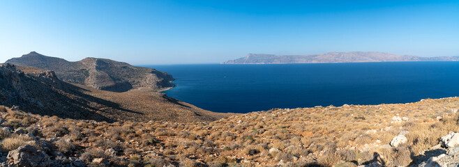 Coastal landscape panorama near Chania, Balose in northern Crete.